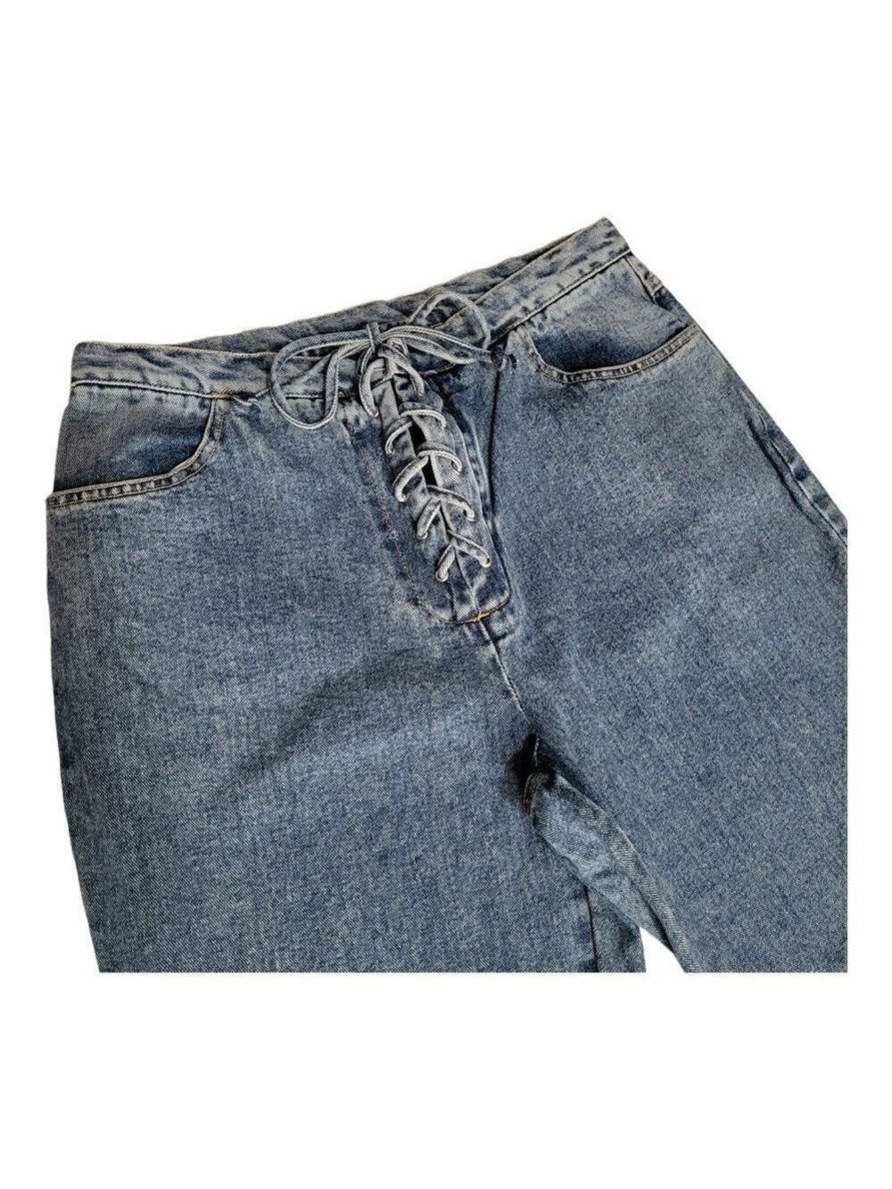 NEWPORT News Jeanology High Rise Mom Jeans Blue Denim Tie Closure Size 14 - Picture 3 of 9